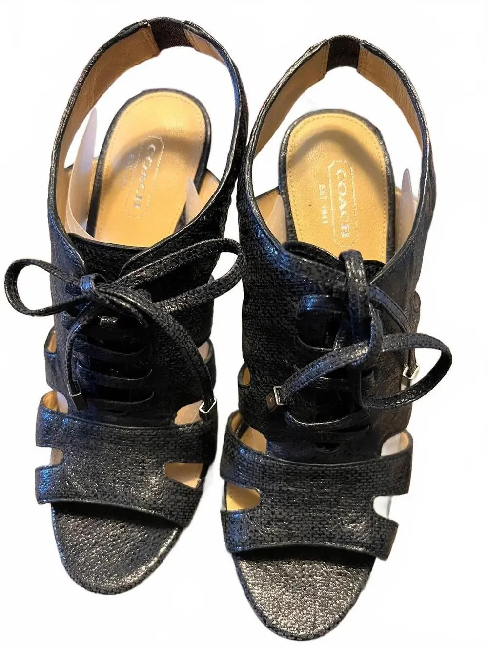 Coach Black Textured Leather Lace Up Cage Platform Block Heels Sandals 8B